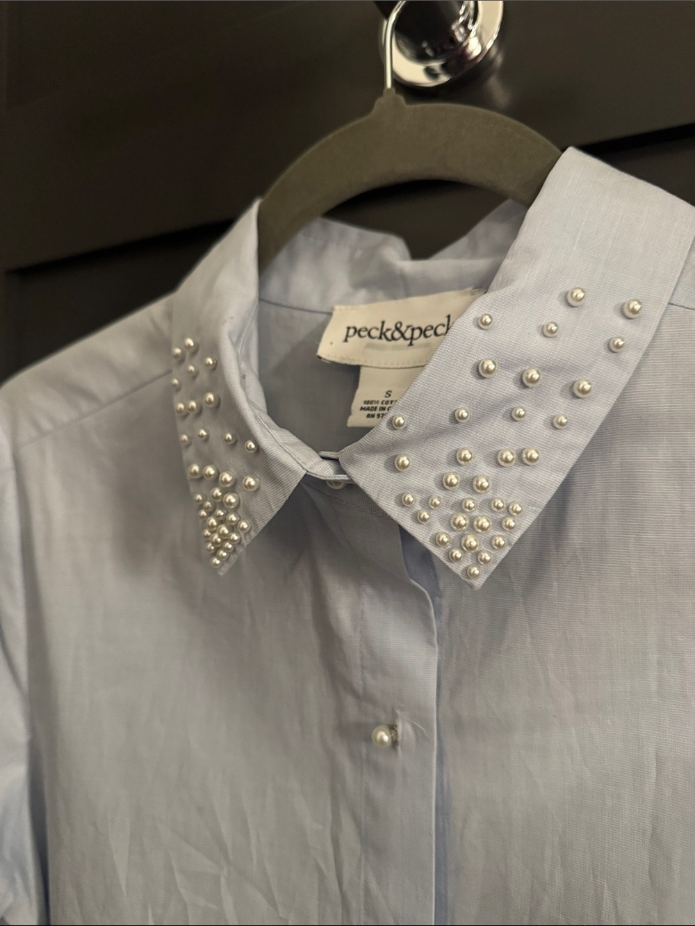 Peck & Peck Pale Blue Button-Front Shirt with Pearl Studs